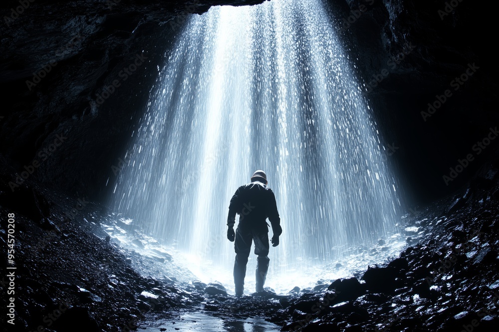 Obraz premium A solitary explorer stands beneath a waterfall inside a dark cave, illuminated by the cascading water.