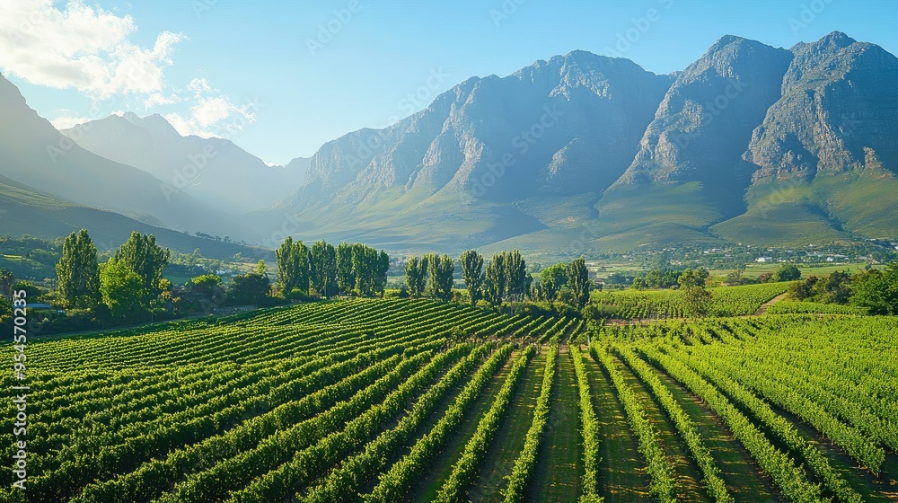 Top view of the lush vineyards and orchards in Franschhoek Valley, surrounded by towering mountain ranges