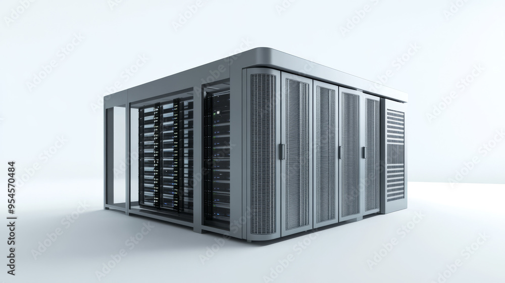 A 3D rendering of a server room data center, isolated against a white background. A 3D rendering of a server room data center, isolated against a white background.