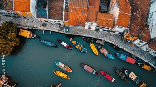 Top view of the peaceful Ria de Aveiro, known as the Venice of Portugala, with colorful boats and canals photo