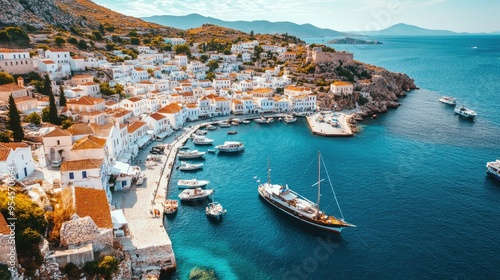 Wallpaper Mural Top view of the picturesque port of Hydra, with its boats, blue sea, and traditional stone houses Torontodigital.ca