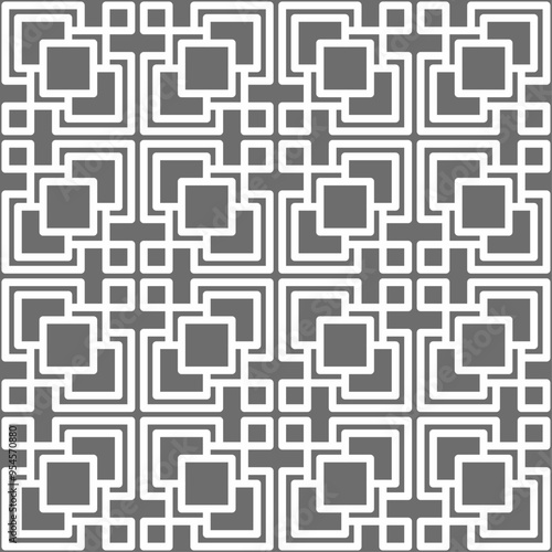 Seamless geometric pattern with overlapping checkered shapes consisting of thick white lines on a gray background. Suitable for various creative projects or decorative elements.
