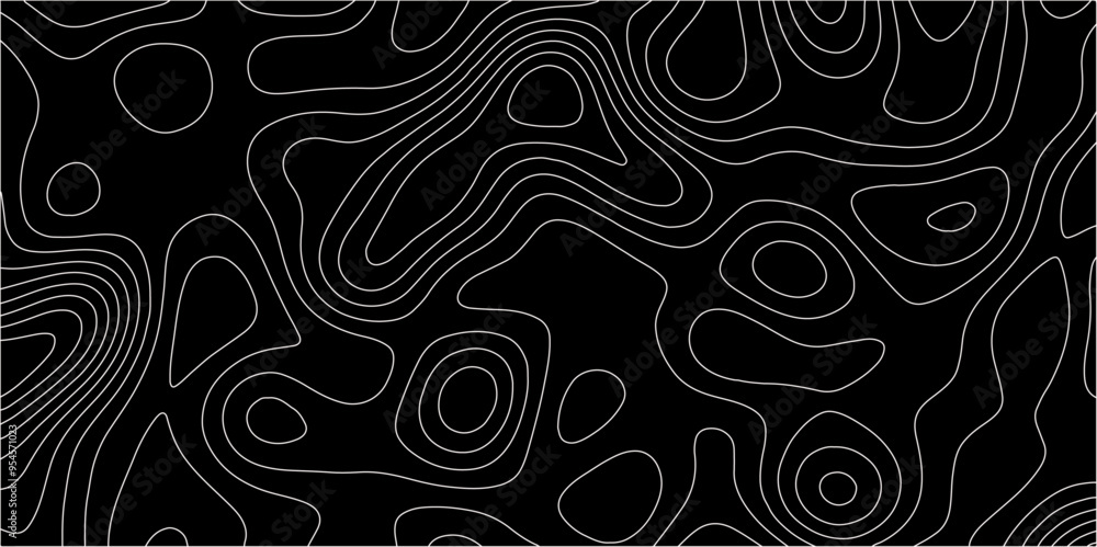 Abstract white on black background with Topographic line map pattern. abstract wavy and curved lines background. linear map. Dark seamless design. Bold tile able isolines pattern. Vector illustration. Abstract white on black background with Topographic line map pattern. abstract wavy and curved lines background. linear map. Dark seamless design. Bold tile able isolines pattern. Vector illustration.
