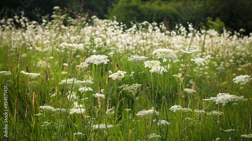 07231249 399. A field of Queen Anne's Lace in Dublin during summer, with their distinctive white flowers and long green stalks standing out against a dense hedgerow