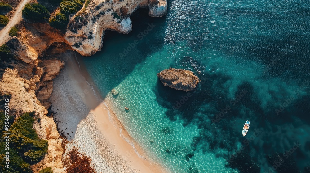 Top view of the tranquil waters and white sandy shores of Praia de Benagil, with its iconic sea cave nearby Top view of the tranquil waters and white sandy shores of Praia de Benagil, with its iconic sea cave nearby