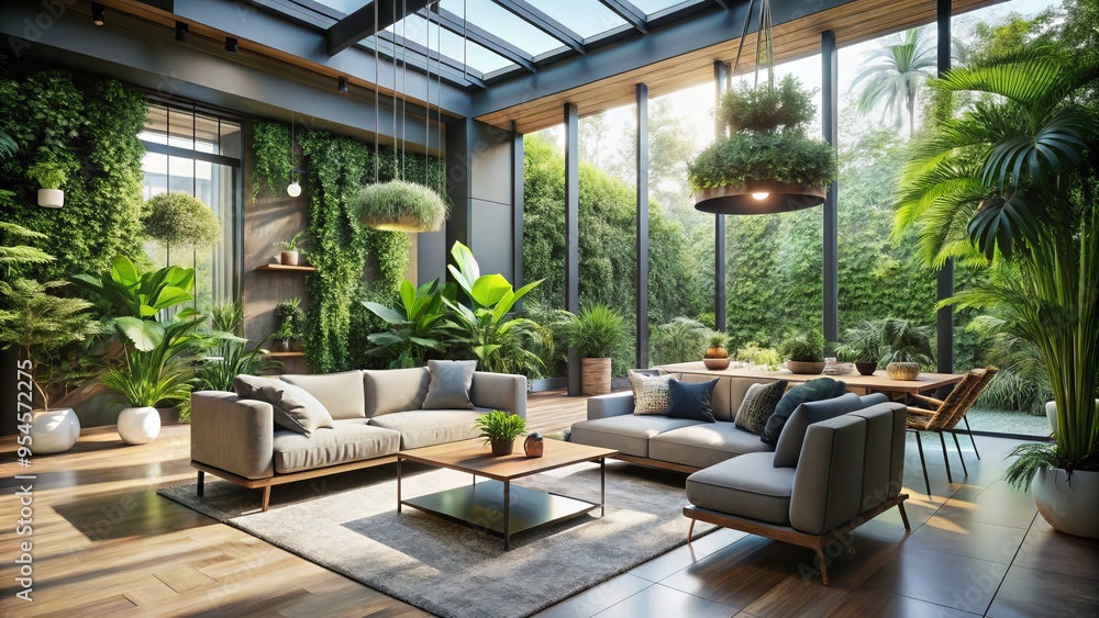 Fototapeta premium A stylish retreat featuring a lush, plant-filled interior garden bathed in natural light, paired with modern furniture