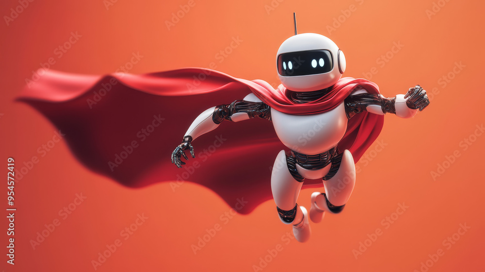 A chatbot robot in a red cape, flying as an AI assistance superhero. 3D vector icon representing online education, distance learning, and customer support technology. A chatbot robot in a red cape, flying as an AI assistance superhero. 3D vector icon representing online education, distance learning, and customer support technology.