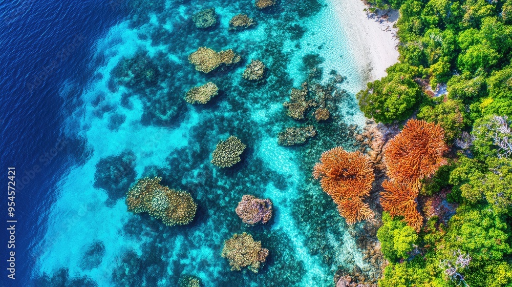 Fototapeta premium Top view of the vibrant coral reefs and clear waters around Wakatobi National Park in Sulawesi
