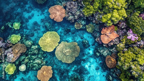 Top view of the vibrant coral reefs and clear waters around Wakatobi National Park in Sulawesi