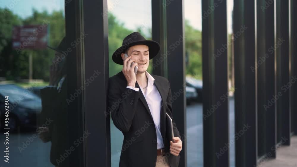handsome, stylish young Caucasian man in business attire and a hat is talking on a smartphone near a business center while holding a laptop handsome, stylish young Caucasian man in business attire and a hat is talking on a smartphone near a business center while holding a laptop