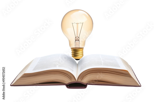 A light bulb on an open book, isolated on a transparent background.