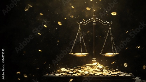 symbolic digital art, scale tipping over with interest rate symbols on one side, imbalance in the economy concept, dark background, strong contrast photo