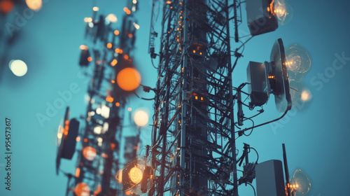 A close-up of an antenna mast with various antennas for mobile communication and data transfer, with radiation symbolized by transparent objects.  photo