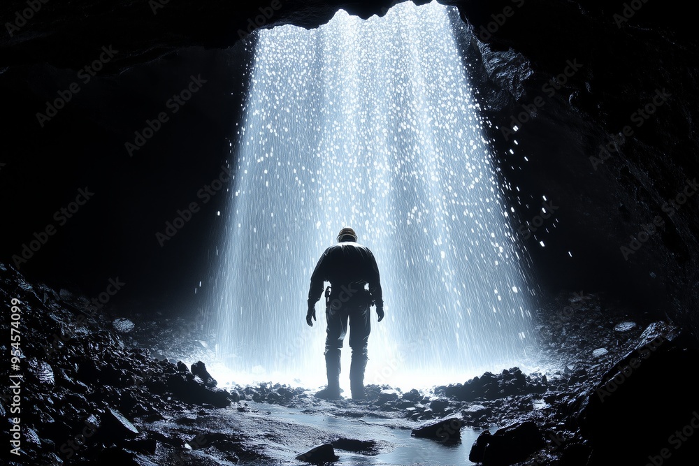 Obraz premium A solitary explorer stands beneath a waterfall inside a dark cave, illuminated by the cascading water.