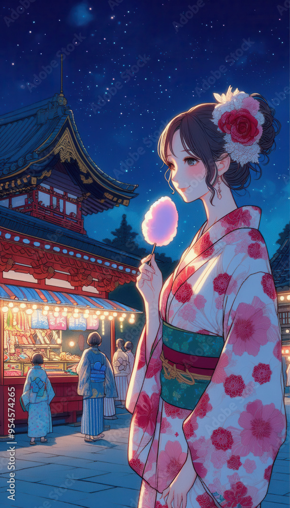 イラスト/お祭りを楽しむ浴衣の女性 着物 お祭り イラスト/お祭りを楽しむ浴衣の女性 着物 お祭り