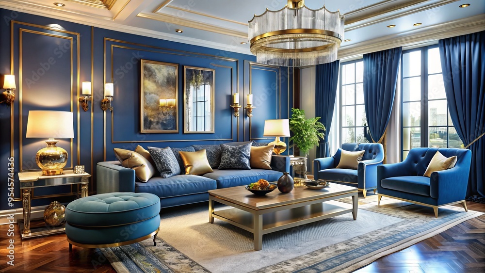 Bold blue walls and gleaming gold details are balanced by elegant furnishings, giving this living room a refined Bold blue walls and gleaming gold details are balanced by elegant furnishings, giving this living room a refined