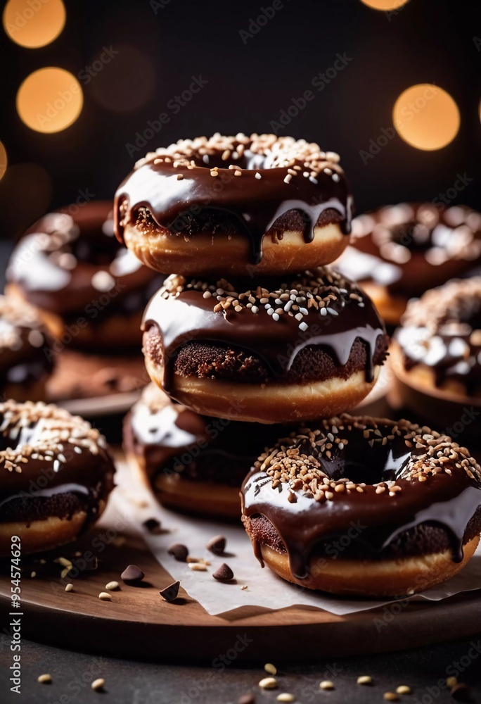 Freshly made chocolate donuts with a rich glaze and creamy filling sit on parchment paper. They are presented on table, showcasing their delectable appearance. Cocoa brown glaze on buns. Generative AI Freshly made chocolate donuts with a rich glaze and creamy filling sit on parchment paper. They are presented on table, showcasing their delectable appearance. Cocoa brown glaze on buns. Generative AI