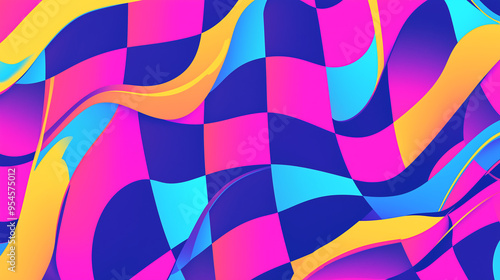 Abstract background with wavy, colorful shapes and a checkered pattern