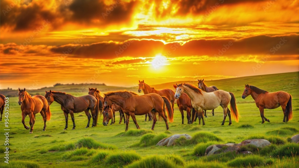 Fototapeta premium wild horses on green field and sunny orange sky.