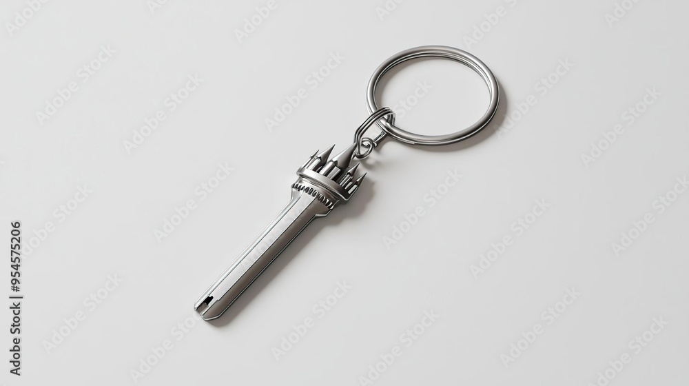A silver keychain shaped like a castle turret, designed for holding keys. A silver keychain shaped like a castle turret, designed for holding keys.