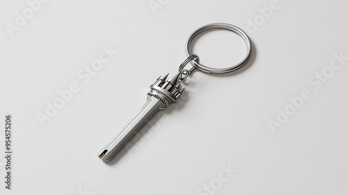 A silver keychain shaped like a castle turret, designed for holding keys.