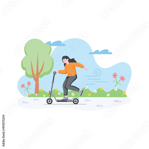 A girl riding a scooter in spring season flat illustration