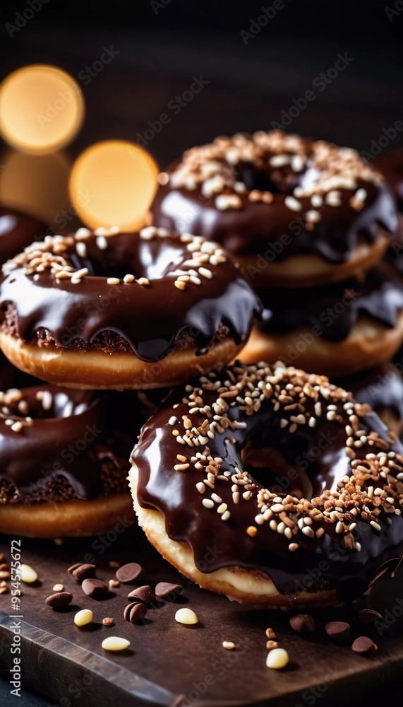 Freshly made chocolate donuts with a rich glaze and creamy filling sit on parchment paper. They are presented on table, showcasing their delectable appearance. Cocoa brown glaze on buns. Generative AI Freshly made chocolate donuts with a rich glaze and creamy filling sit on parchment paper. They are presented on table, showcasing their delectable appearance. Cocoa brown glaze on buns. Generative AI