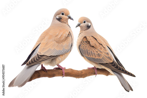 Two light brown doves perched on a branch against a white background. Suitable for nature-themed designs, greeting cards, and wildlife illustrations