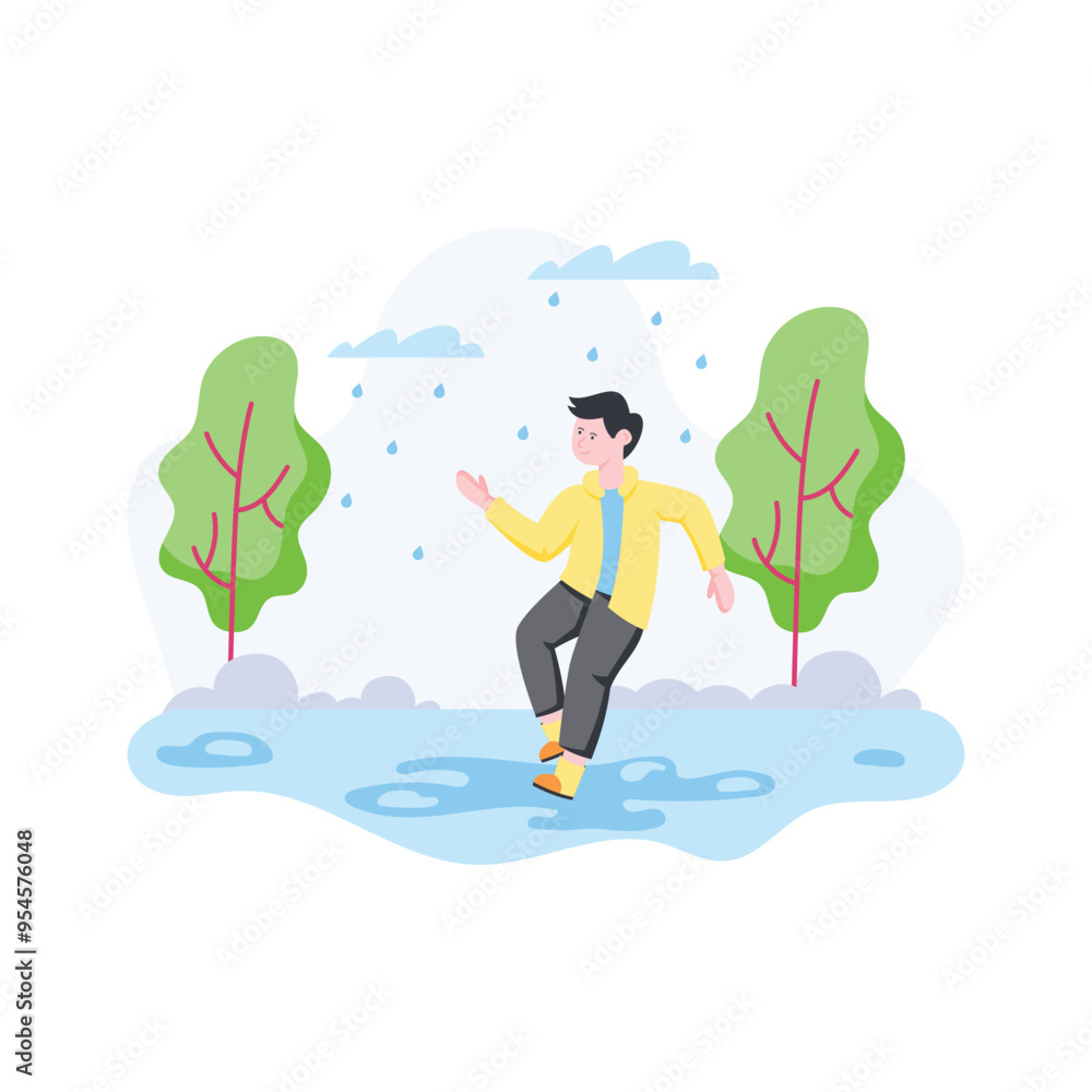 A boy walking in rain, happy man flat illustration A boy walking in rain, happy man flat illustration
