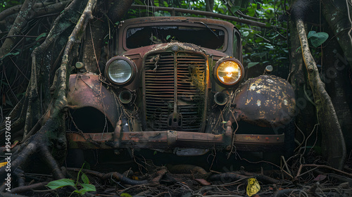 A rare antique car being uncovered from a jungle setting vines and roots.