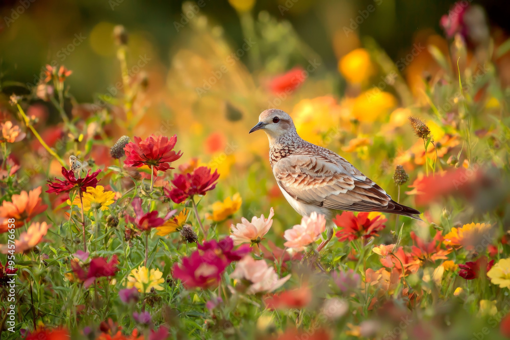 A bird stands amidst a vibrant field of colorful flowers, showcasing nature's beauty and diversity. A bird stands amidst a vibrant field of colorful flowers, showcasing nature's beauty and diversity.