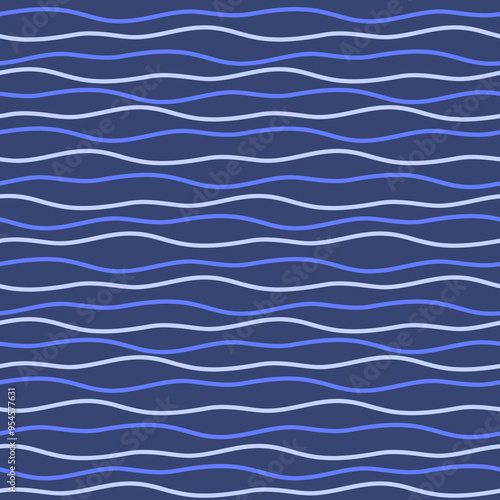 A seamless wave pattern in shades of blue and navy, creating a serene and calming ocean-inspired design. Perfect for nautical-themed projects, wallpapers, textiles, and marine decor