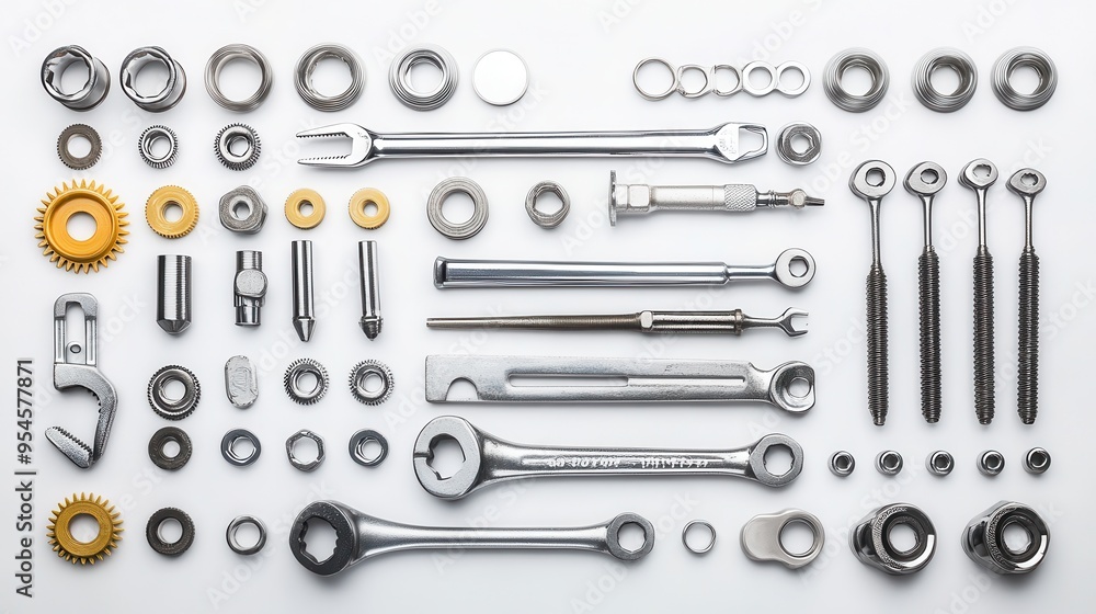 An assortment of industrial tools and components is organized on a white surface, highlighting their details and various uses in assembly work An assortment of industrial tools and components is organized on a white surface, highlighting their details and various uses in assembly work