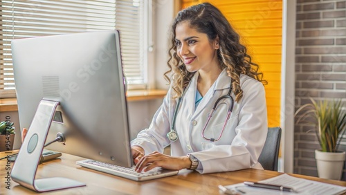 young beautiful hispanic woman doctor using computer