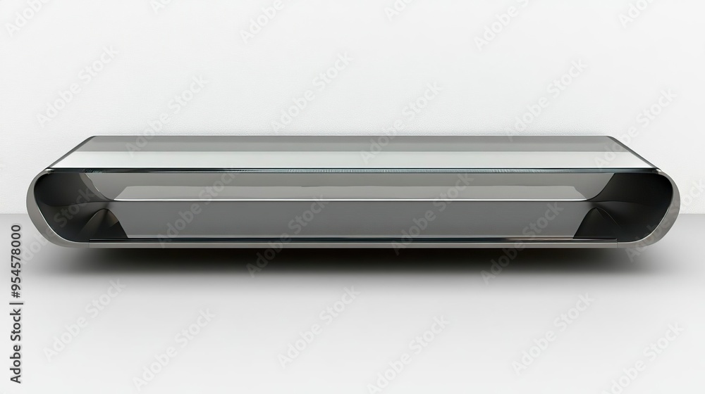 A sleek, modern object with a curved design, possibly a table or display piece. A sleek, modern object with a curved design, possibly a table or display piece.