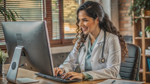 young beautiful hispanic woman doctor using computer