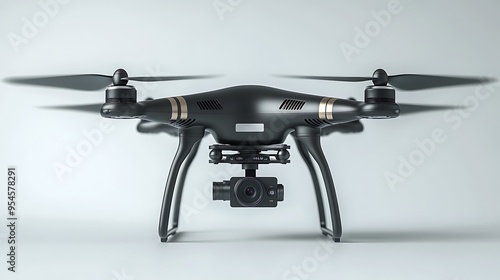 A black drone with four propellers and a camera, designed for aerial photography.