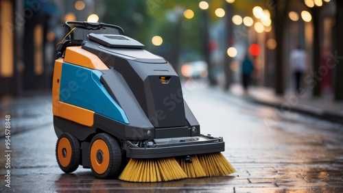 Fully automated street cleaning machine with two round brushes on a city street early in the morning