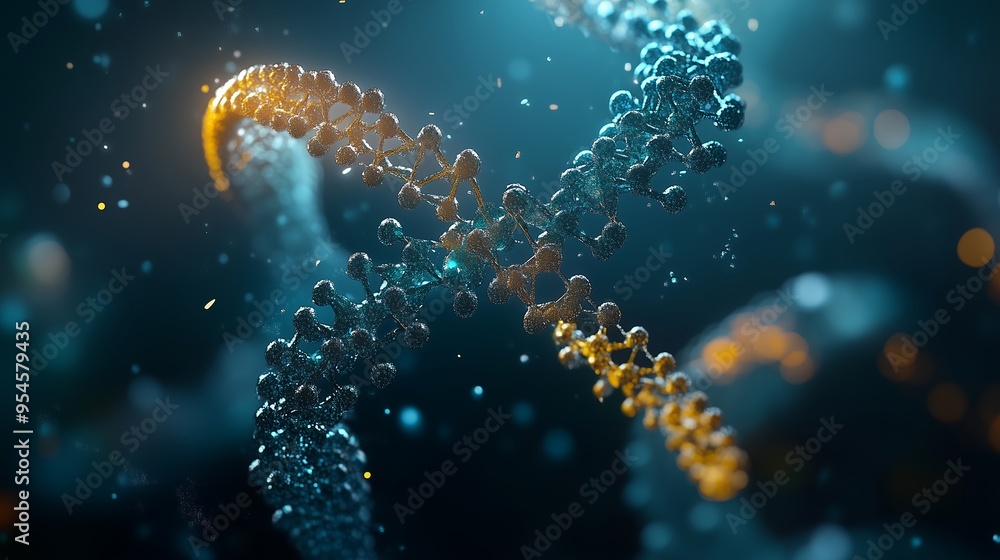 Fototapeta premium A vibrant close-up of a DNA strand showcasing intricate molecular structures highlighted by a luminous backdrop