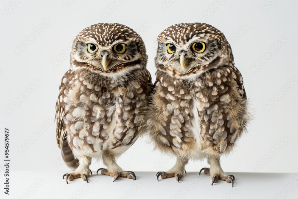 Naklejka premium two small owls standing side by side against a plain white background