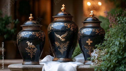 Elegant black urns with gold detailing and religious symbols, set outdoors against a lush green backdrop, representing traditional and respectful memorial decor photo