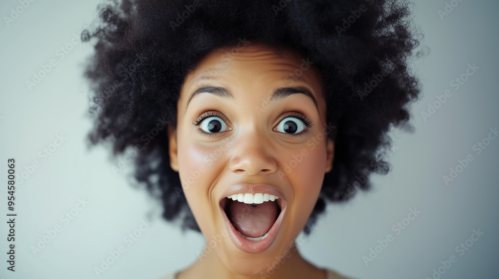 A young woman with curly hair expresses joy and excitement in a bright indoor setting during the morning A young woman with curly hair expresses joy and excitement in a bright indoor setting during the morning