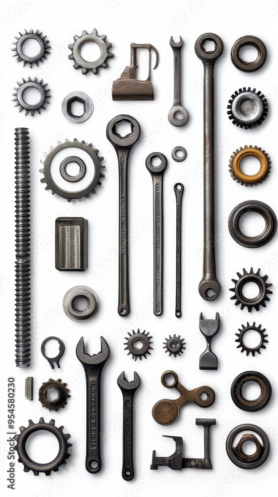 Obraz premium Various industrial tools and components are neatly arranged, highlighting their detailed features and functional designs