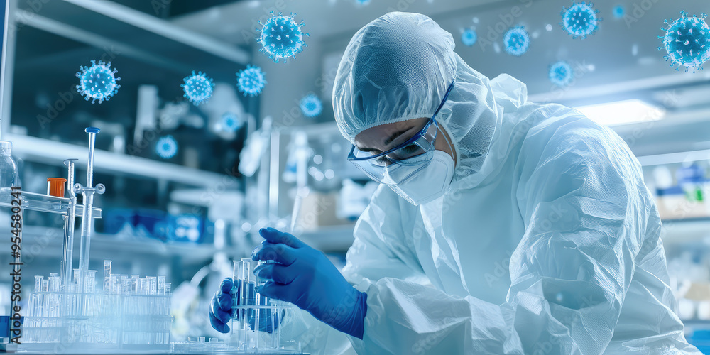 Scientist in laboratory surrounded by 3d rendering of flying microbes and bacteria in the air Scientist in laboratory surrounded by 3d rendering of flying microbes and bacteria in the air
