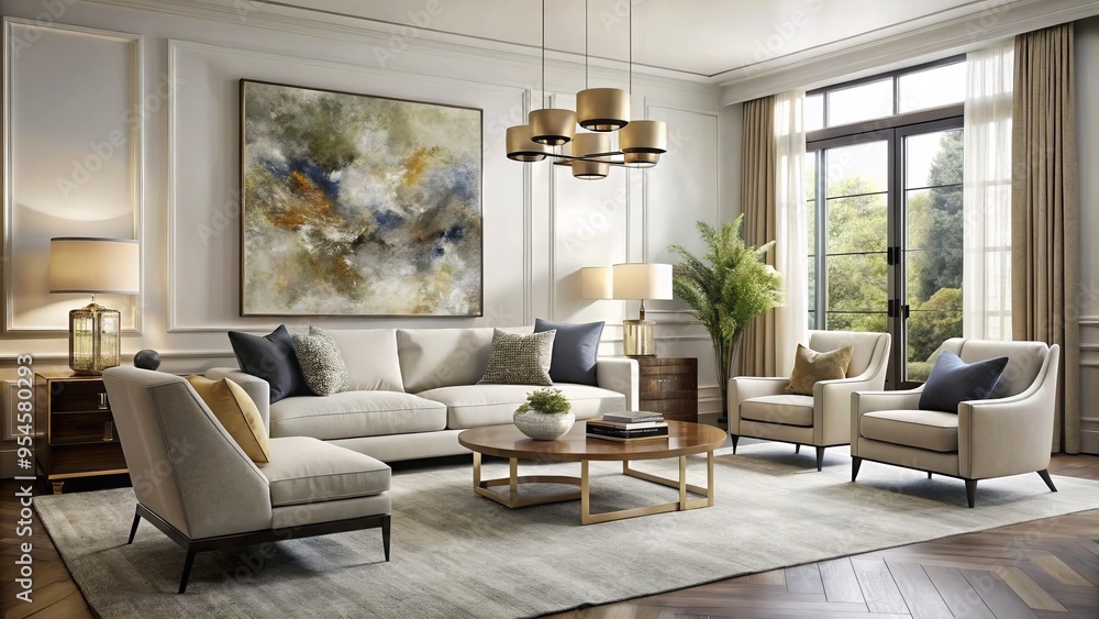 Elegant and understated, this living room boasts plush seating, striking abstract art, and a show-stopping chair that Elegant and understated, this living room boasts plush seating, striking abstract art, and a show-stopping chair that