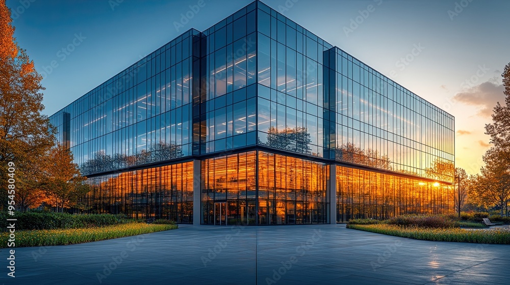 Modern office building with glass facade and steel framework, reflecting sunlight on a clear day. Modern office building with glass facade and steel framework, reflecting sunlight on a clear day.