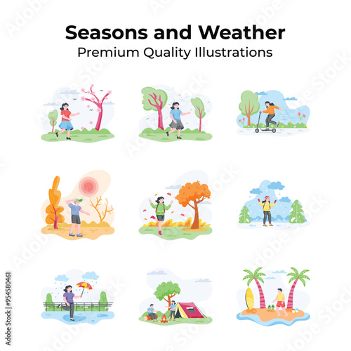 Pack of seasons and weather flat illustrations