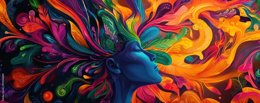 Vibrant abstract art depicting a silhouette with colorful flowing shapes, symbolizing creativity and inner thoughts. Vibrant abstract art depicting a silhouette with colorful flowing shapes, symbolizing creativity and inner thoughts.