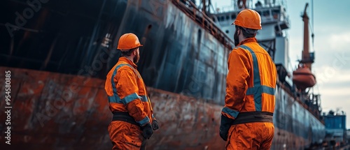 Two industrial workers in orange uniforms and helmets inspect a large cargo ship at a dock. They are discussing the vessel's condition. photo