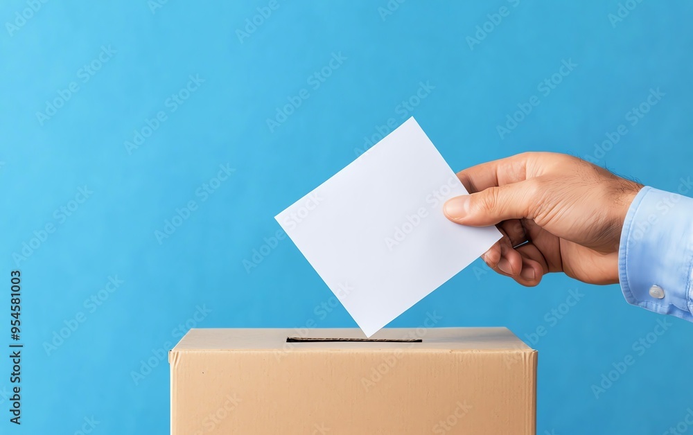 Hand casting a vote into a ballot box on a blue background, symbolizing election, voting, democracy, and decision-making processes.